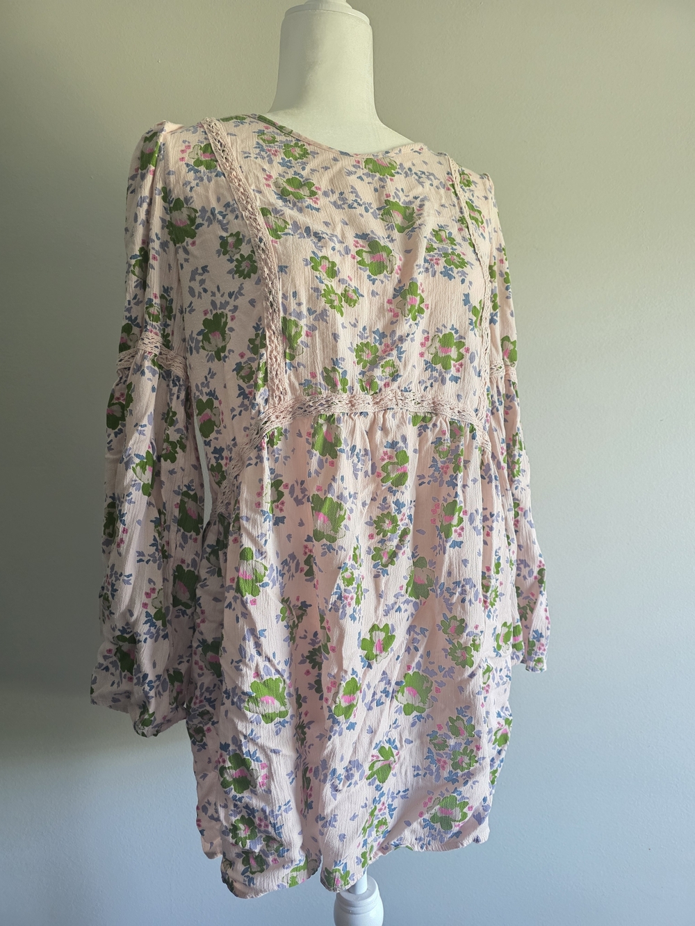Matilda Jane Women’s XL Pink Floral Boho Tunic Blouse Lace Trim Long Sleeve